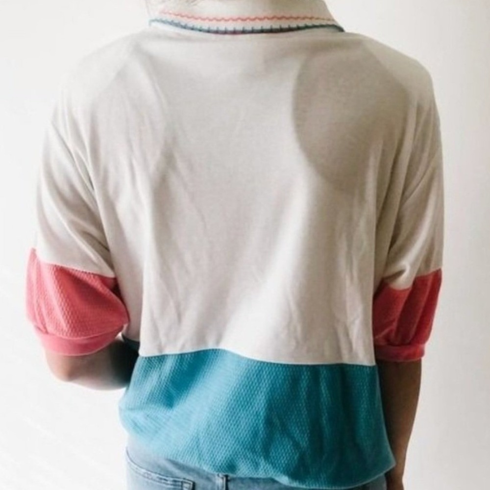 Pykettes Vintage Floral Embroidered Colorblock Polo Shirt White Pink Teal Large - Picture 7 of 8